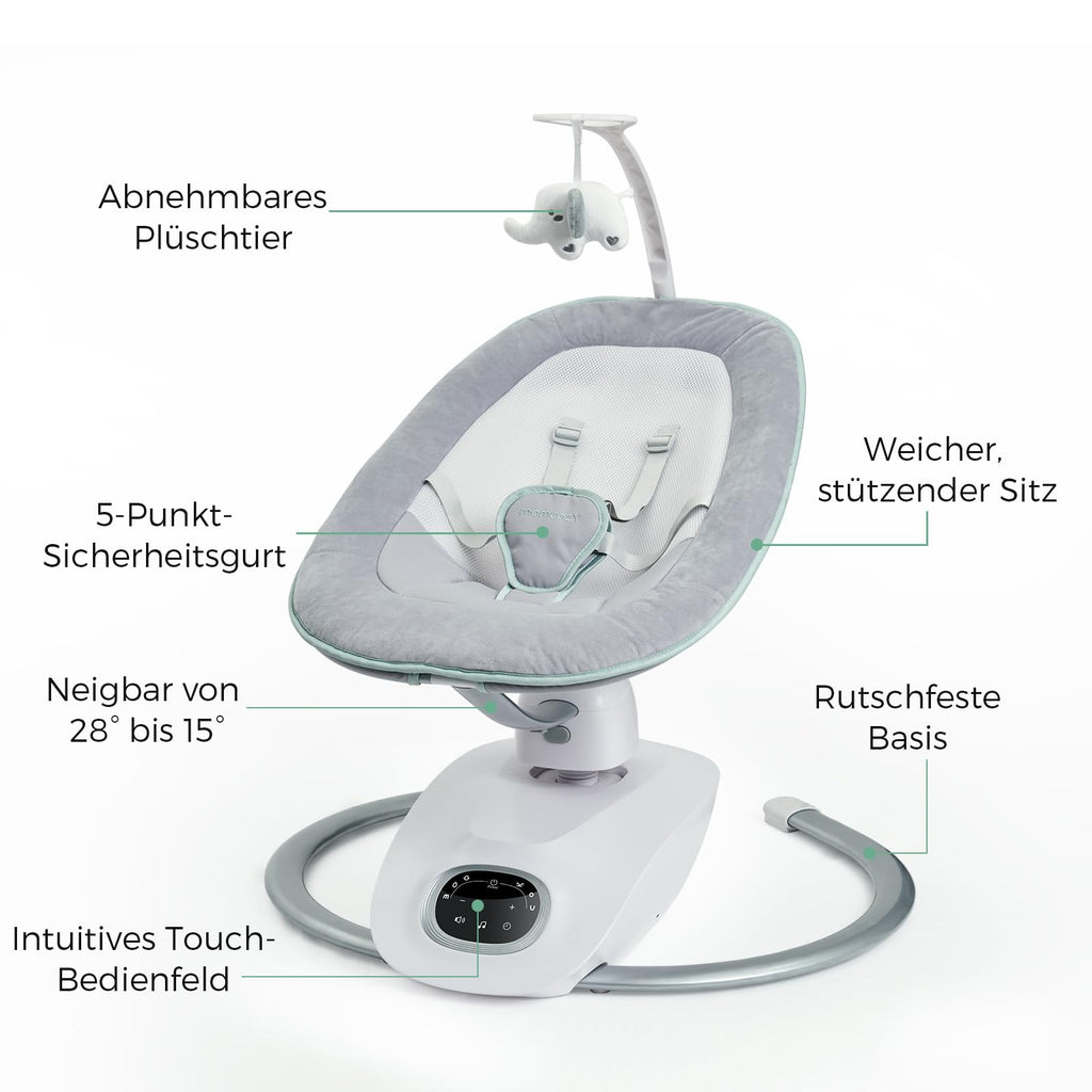 Elektrische Babywippe CocoSway mit 3D-Bewegung 6 Bewegungsarten 4 Geschwindigkeiten Fernbedienung 5-Punkt-Gurt 180° drehbar bis 9 kg
