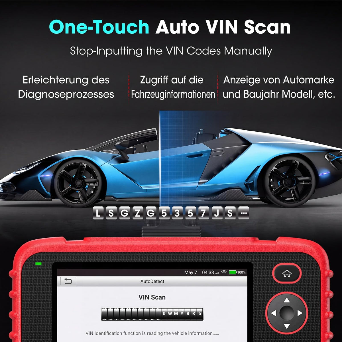 OBD2 Diagnosegerät KFZ Fehlerauslesegerät für ABS SRS Motor Getriebe 7 Reset-Funktionen AutoVIN