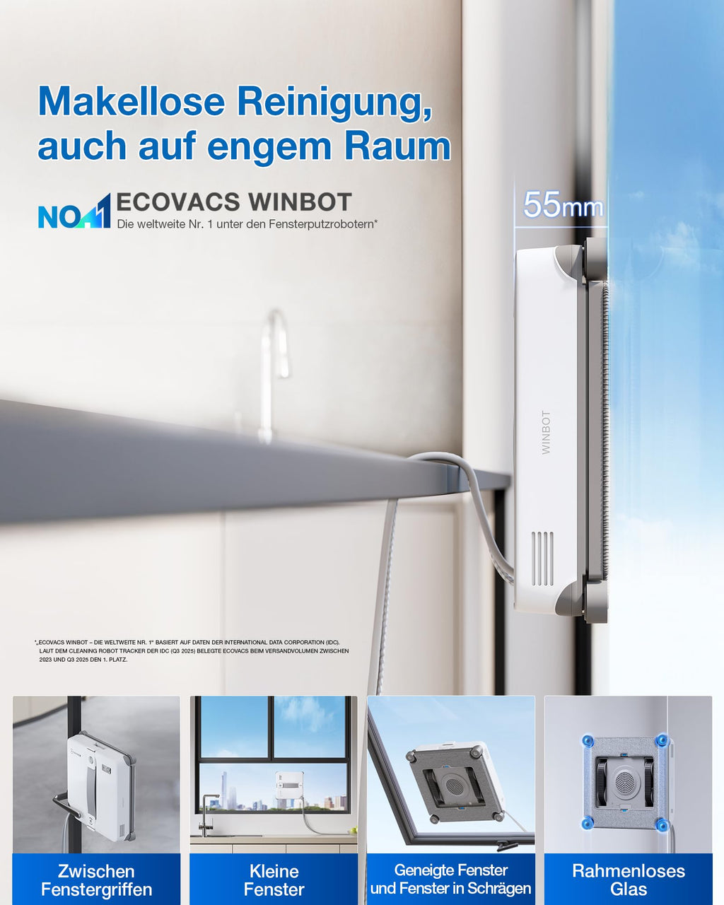 Fensterputzroboter WINBOT Mini 2 215 mm breit 55 mm dünn 4-Ecken-Bürsten 10 μm Ultraschallnebel 6 Reinigungsmodi App-Steuerung