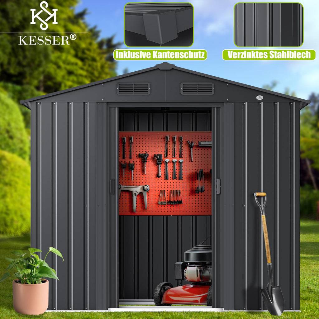 Metall Gerätehaus 4,2 m³ mit Fundamentrahmen 195 × 131 × 186 cm 2 Schiebetüren wetterfest