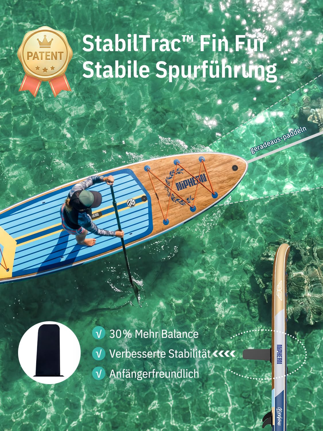 Extra Großes aufblasbares SUP Board 335 x 83 x 15 cm für 2+1 Personen bis 250 kg mit StabilTrac Finne und Kayak Sitz