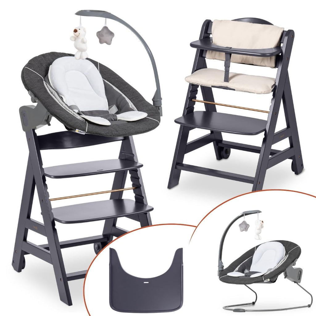Beta+ Hochstuhl Newborn Set mit Deluxe Bouncer Holz Kinderhochstuhl ab Geburt maximale Belastung 90 kg mit Essbrett und Sitzkissen