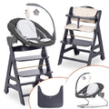 Beta+ Hochstuhl Newborn Set mit Deluxe Bouncer Holz Kinderhochstuhl ab Geburt maximale Belastung 90 kg mit Essbrett und Sitzkissen