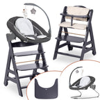 Beta+ Hochstuhl Newborn Set mit Deluxe Bouncer Holz Kinderhochstuhl ab Geburt maximale Belastung 90 kg mit Essbrett und Sitzkissen