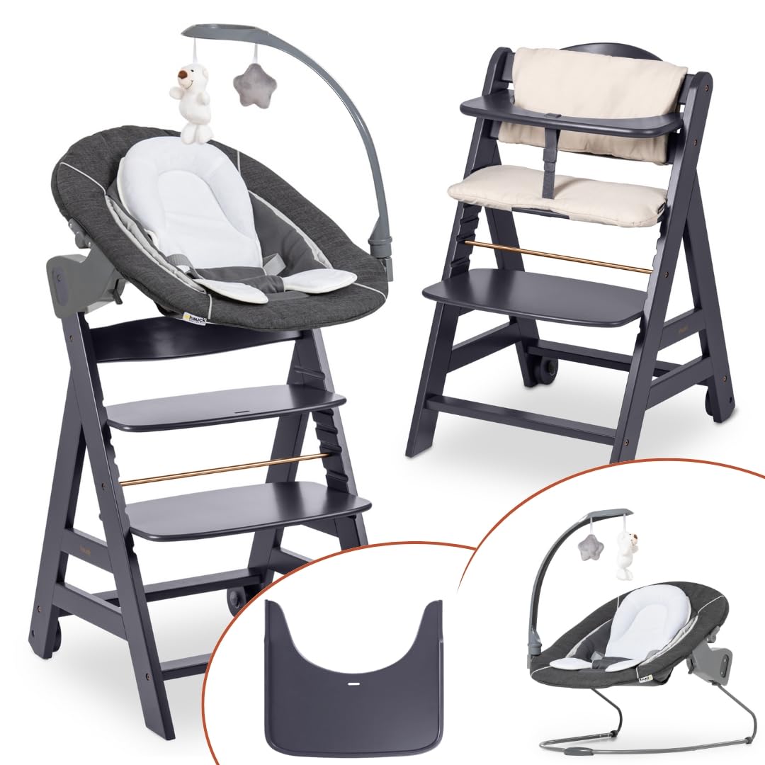 Beta+ Hochstuhl Newborn Set mit Deluxe Bouncer Holz Kinderhochstuhl ab Geburt maximale Belastung 90 kg mit Essbrett und Sitzkissen