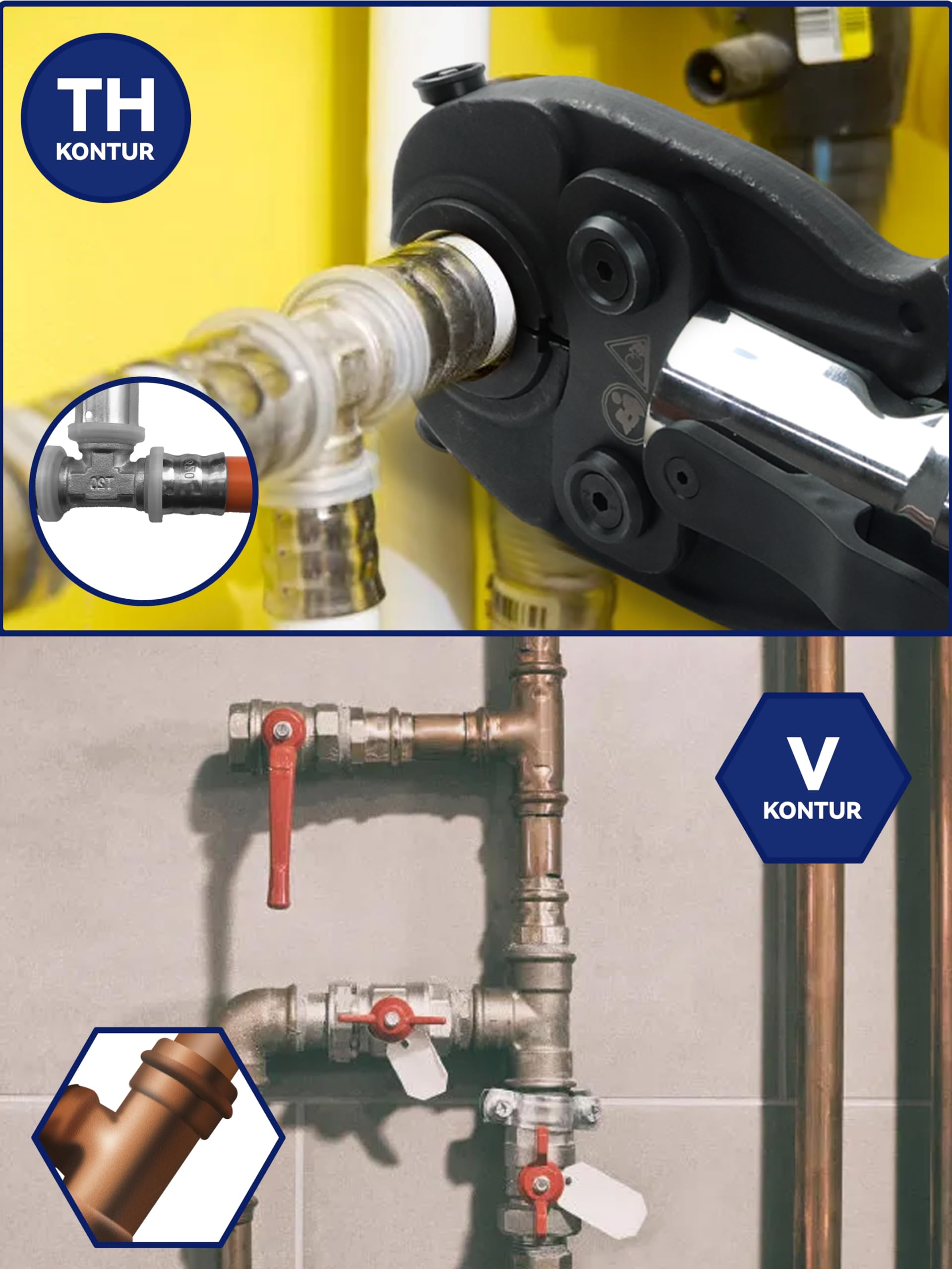 Hydraulische Presszange V- und TH-Kontur für Kupfer Edelstahl und Verbundrohr mit 9 Pressbacken V12-V28 TH16-TH32 80 kN