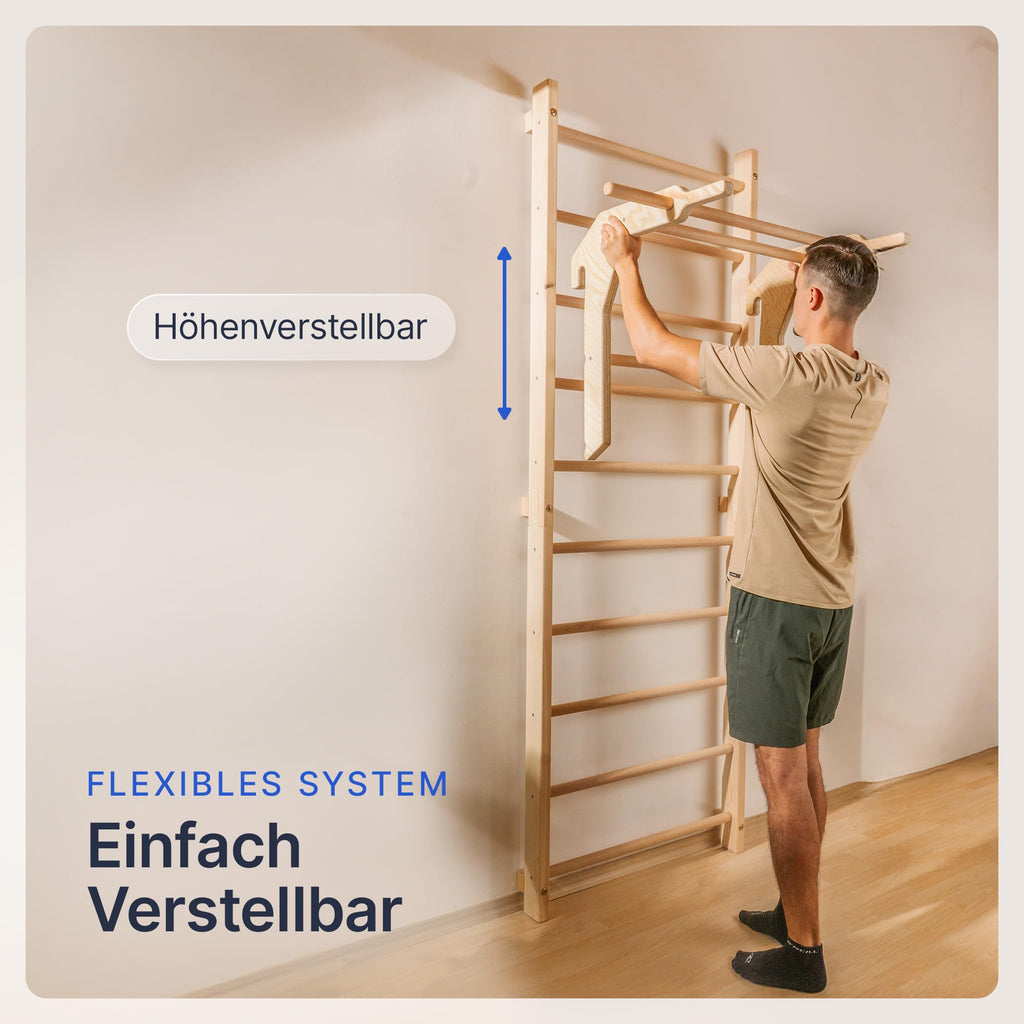 Sprossenwand Kletterwand mit Klimmzugstange und Dip Extension 220 cm aus Buchenholz und Kiefer bis 150 kg