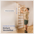 Sprossenwand Kletterwand mit Klimmzugstange und Dip Extension 220 cm aus Buchenholz und Kiefer bis 150 kg