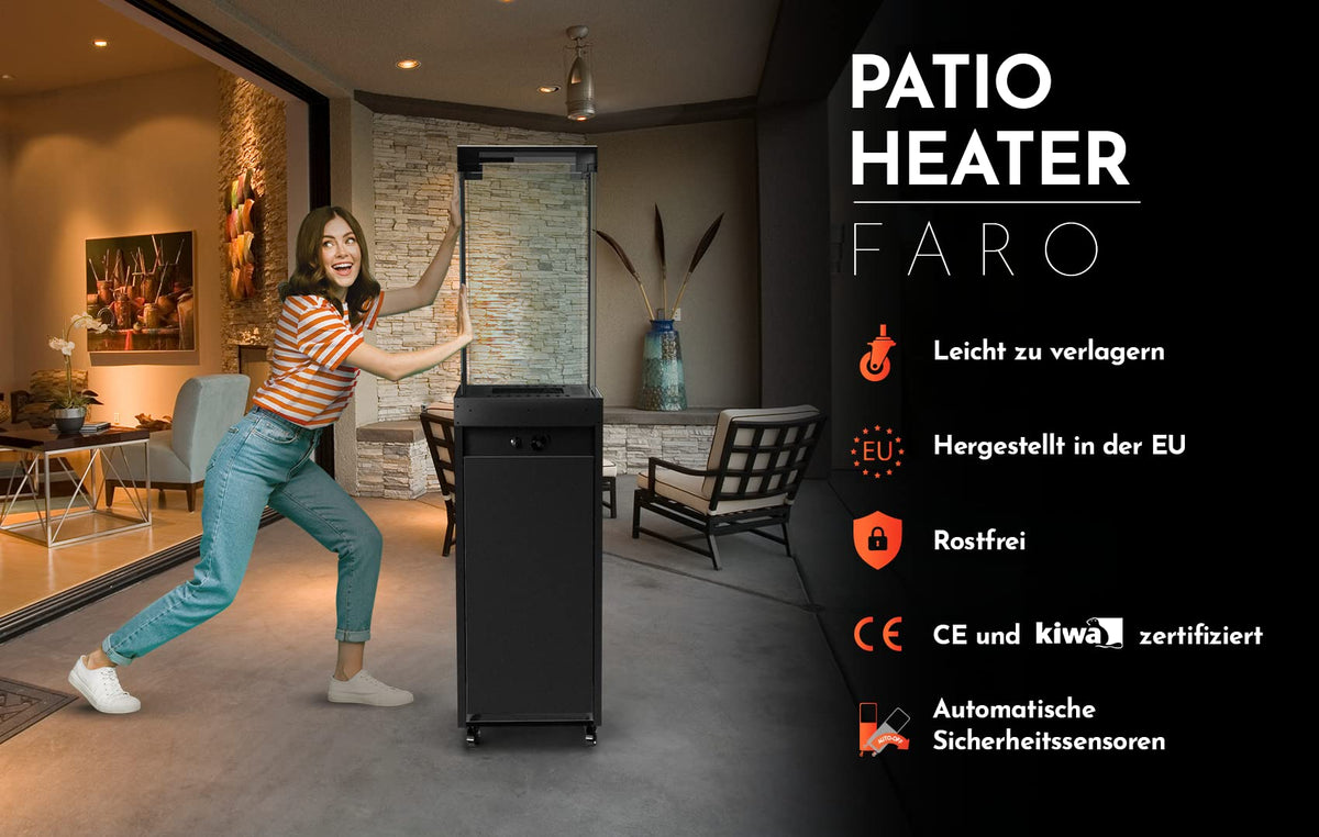 Gas-Terrassenheizer Faro 8 kW freistehend 36 x 36 x 150 cm Schwarz mit Gasregler und Schutzhülle