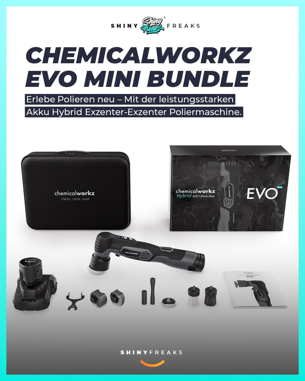 Akku Poliermaschine EVO Mini 25-teiliges Set mit Exzenter und Rotation Akkus Adaptern Polierpads und Zubehör
