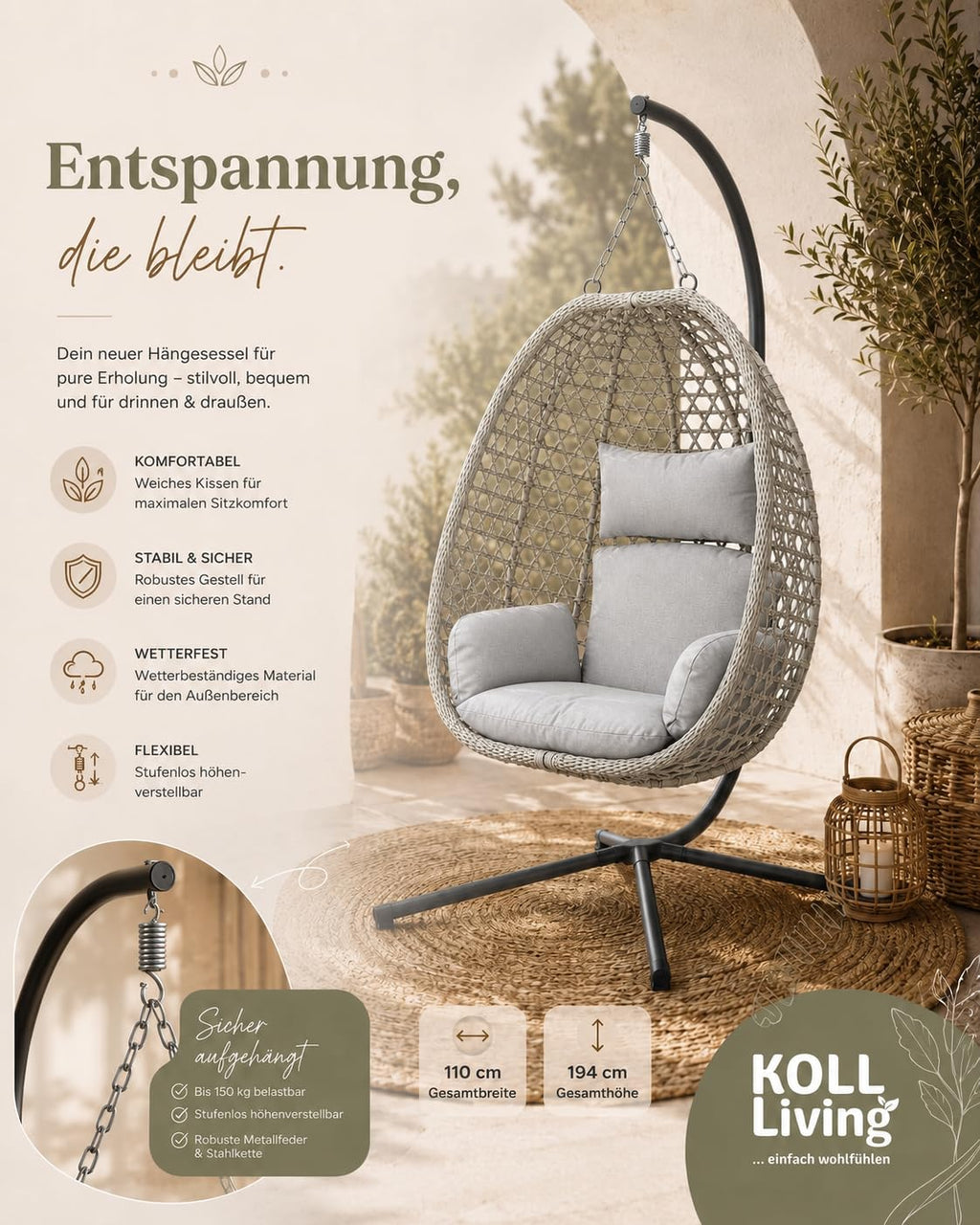 Hängesessel Outdoor Luna in Rattanoptik 103 x 95 cm mit Stahlgestell und Sitzkissen Beige Grau