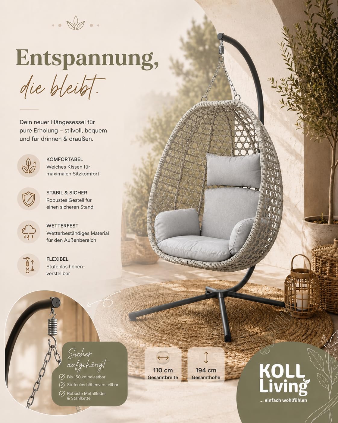 Hängesessel Outdoor Luna in Rattanoptik 103 x 95 cm mit Stahlgestell und Sitzkissen Beige Grau