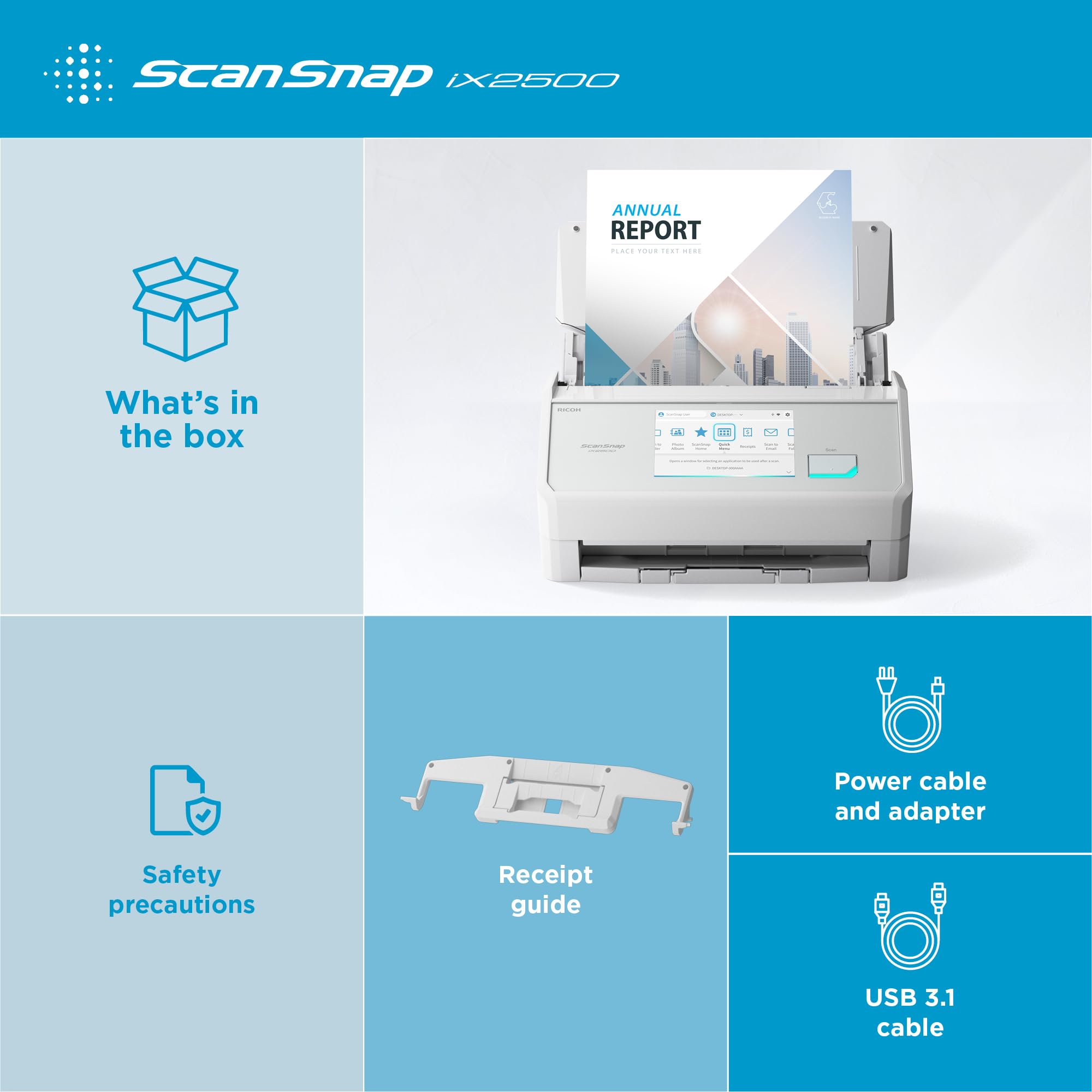 Scanner A4 Dokumentenscanner iX2500 600 dpi WLAN Bluetooth USB Duplex 45 Seiten/Min 100-Blatt ADF 5-Zoll-Touchscreen