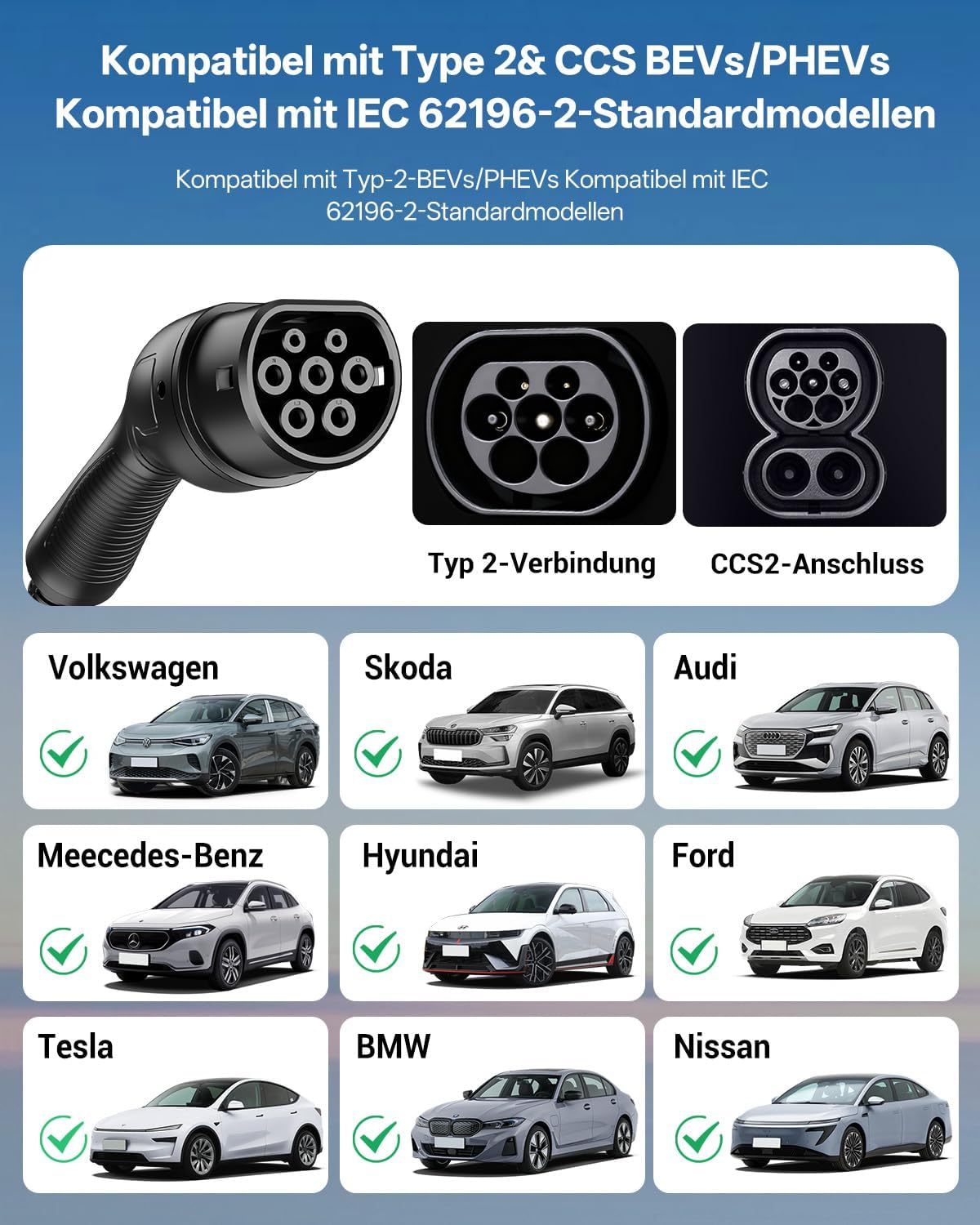 Wallbox 11 kW Typ 2 400 V 16 A 3-phasig 8 m Ladekabel App RFID RCD 30 mA AC 6 mA DC IP65 für BEV PHEV