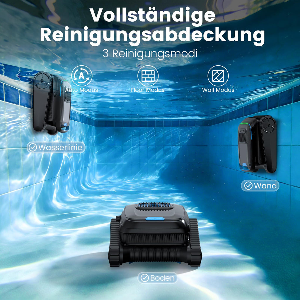 Poolroboter PC10 Boden Wand Wasserlinie 18927 LPH 120 Min Laufzeit 5200 mAh 4 l Filterkorb 150 µm für Pools bis 170 m²