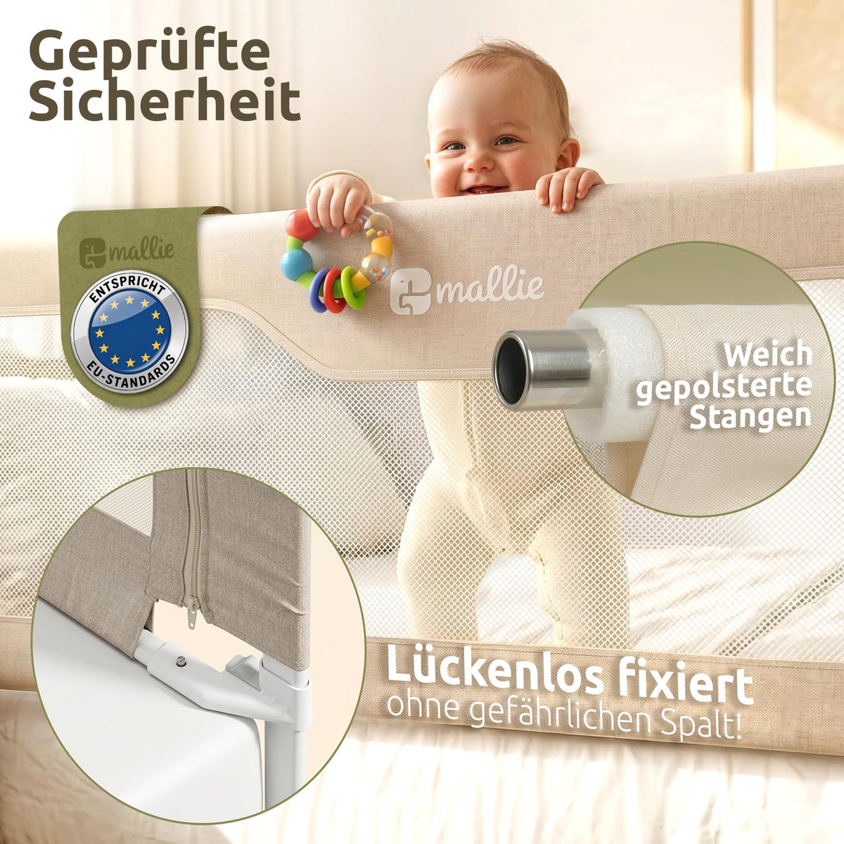 Bettgitter Rausfallschutz 200x200 cm 3-seitiges Set MALLIEFIX 2.0 Click-System höhenverstellbar Beige