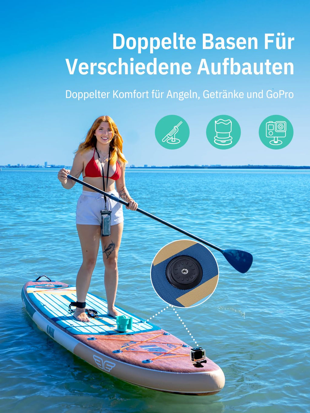 Extra Großes aufblasbares SUP Board 335 x 83 x 15 cm für 2+1 Personen bis 250 kg mit StabilTrac Finne und Kayak Sitz