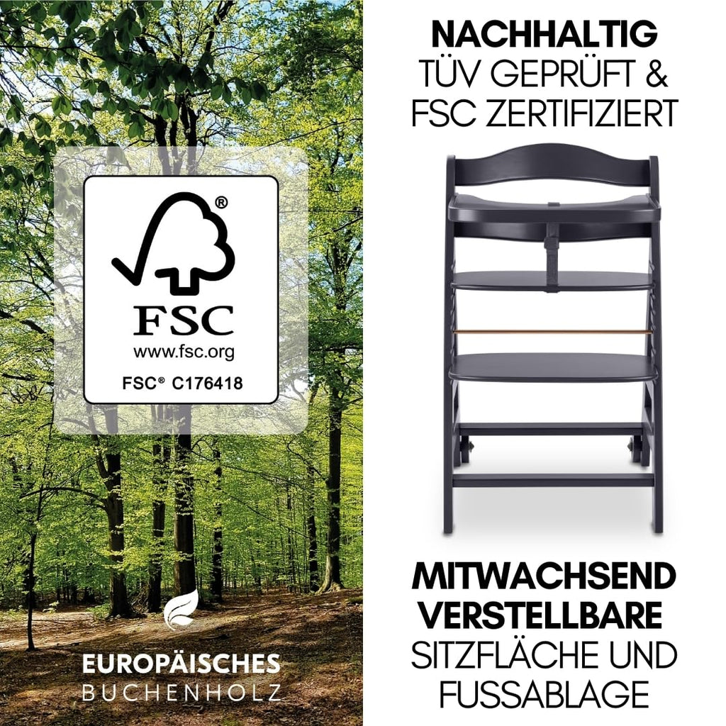 Beta+ Hochstuhl Newborn Set mit Deluxe Bouncer Holz Kinderhochstuhl ab Geburt maximale Belastung 90 kg mit Essbrett und Sitzkissen