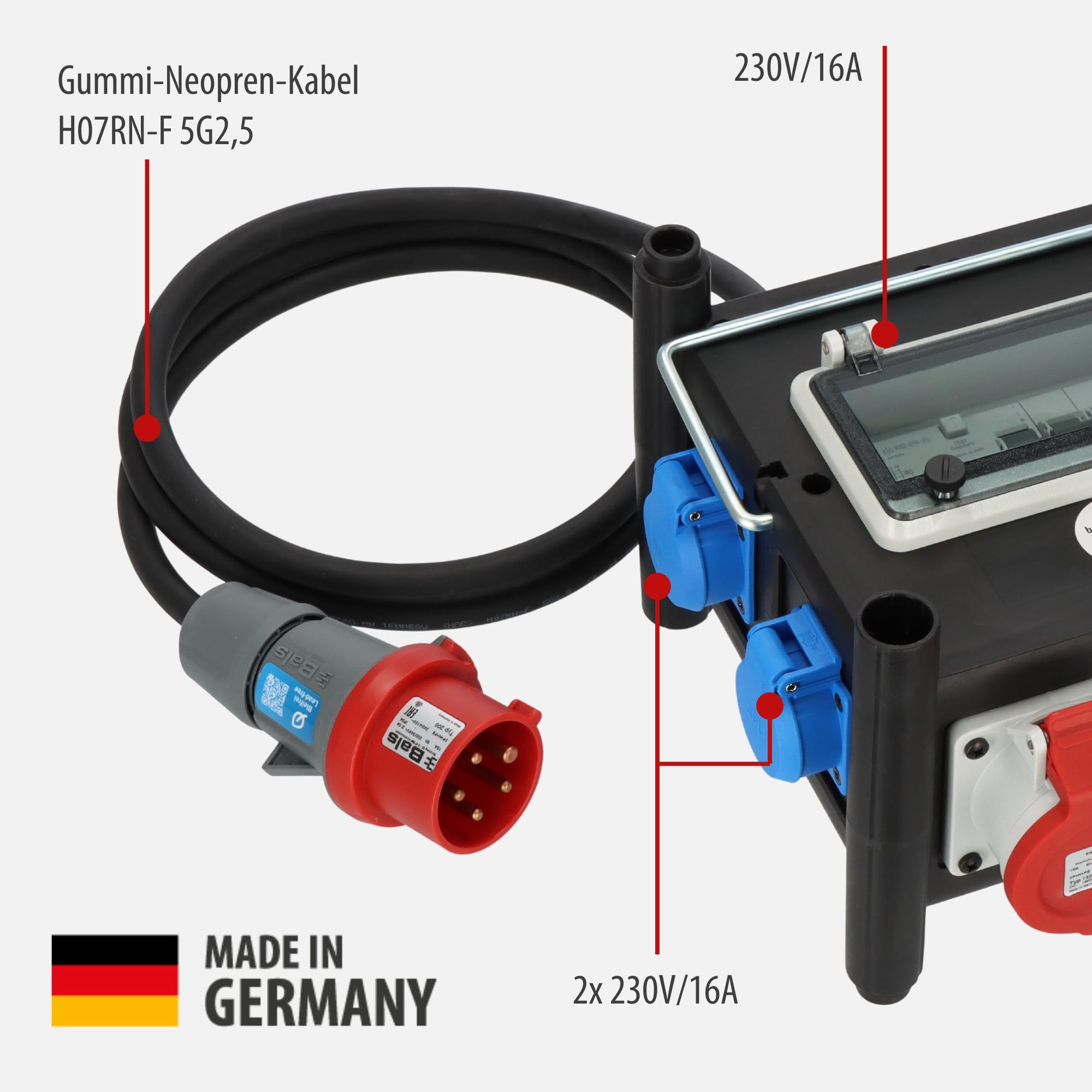 Gummi-Stromverteiler 2 m Kabel 2x CEE 400 V 16 A 5x 230 V 16 A mit FI-Schalter IP44