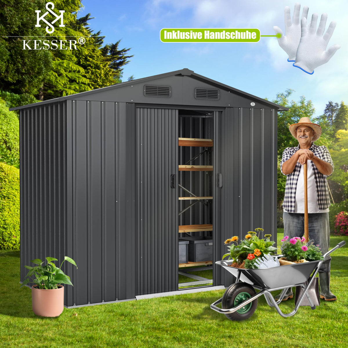 Metall Gerätehaus 4,2 m³ mit Fundamentrahmen 195 × 131 × 186 cm 2 Schiebetüren wetterfest