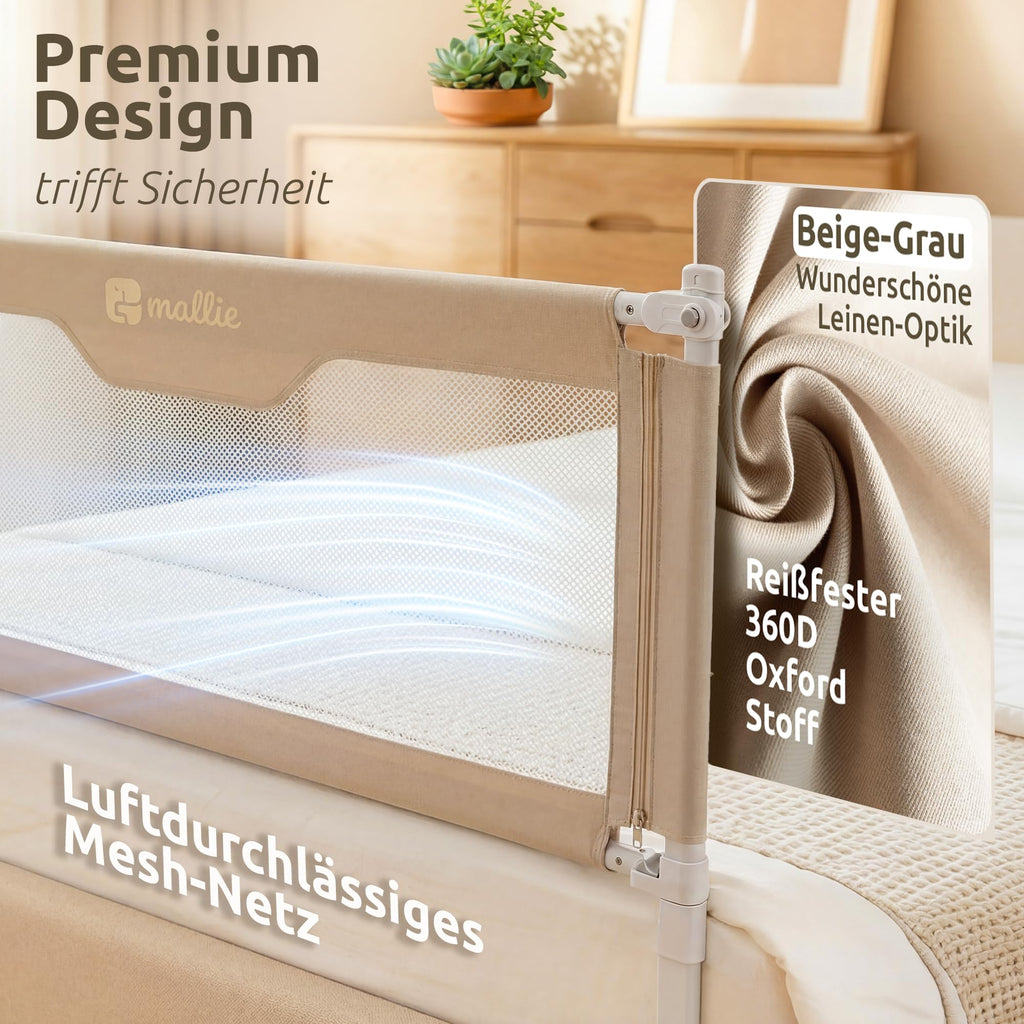 Bettgitter Rausfallschutz 200x200 cm 3-seitiges Set MALLIEFIX 2.0 Click-System höhenverstellbar Beige