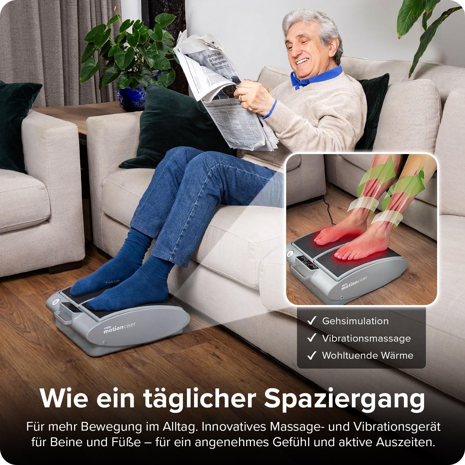 Elektrisches Fußmassagegerät MotionCiser mit Gehsimulation 10 Vibrationsstufen Infrarot-Wärme und Trainingsbändern