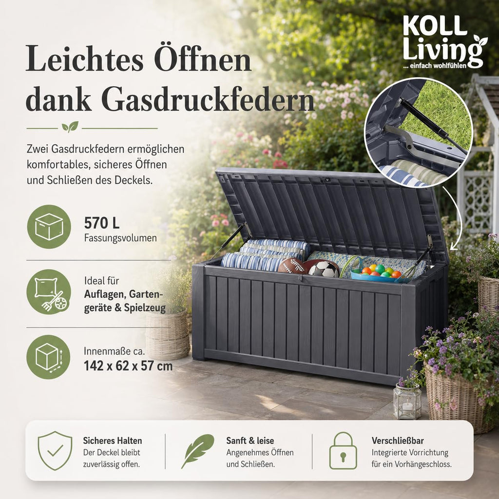 Auflagenbox 570 Liter wasserdicht mit Belüftung 155 x 72,4 x 64,4 cm Holzoptik Gasdruckfeder Anthrazit