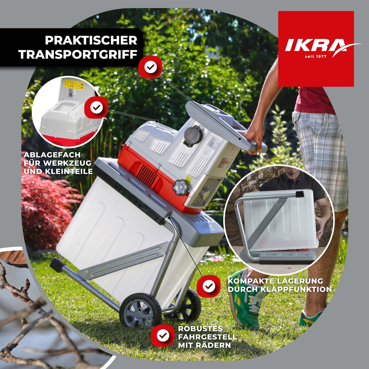 Elektro Walzenhäcksler ILH 3000A 3000 W für Äste bis 44 mm mit 60 L Fangbox automatischem Asteinzug