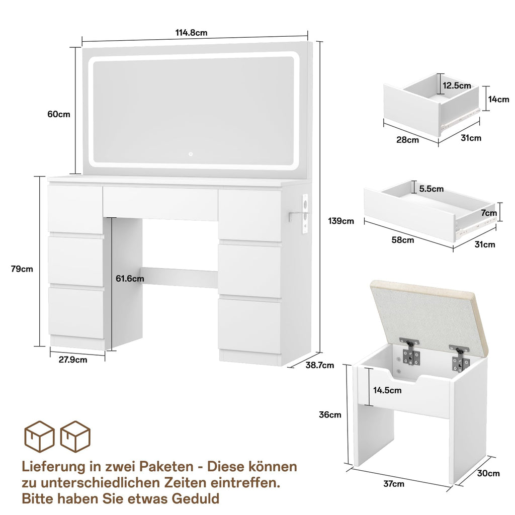 Schminktisch mit LED Spiegel TR-0884 115 x 40 x 139 cm 7 Schubladen 3 Lichtfarben mit Steckdosen und Hocker