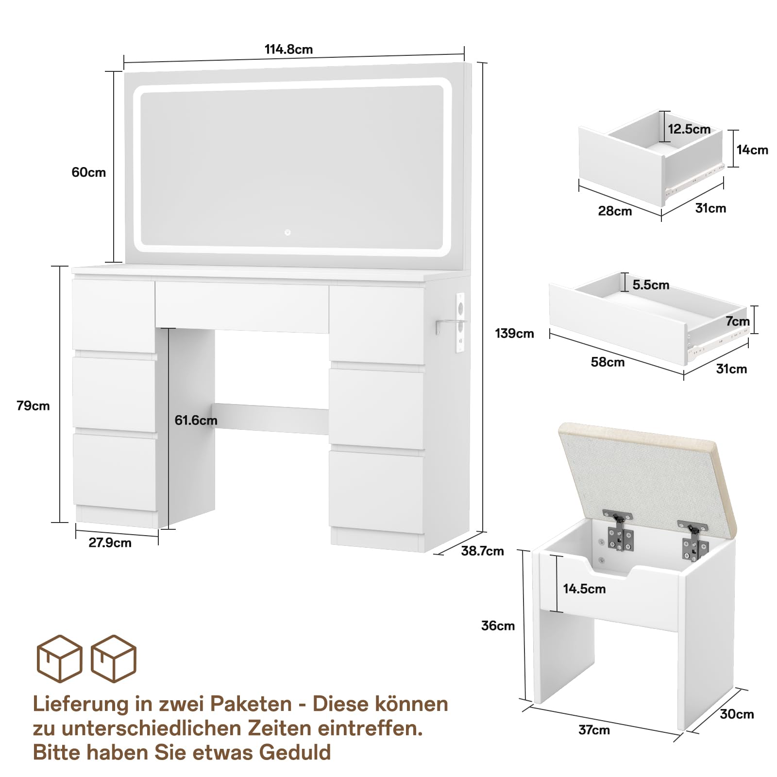 Schminktisch mit LED Spiegel TR-0884 115 x 40 x 139 cm 7 Schubladen 3 Lichtfarben mit Steckdosen und Hocker