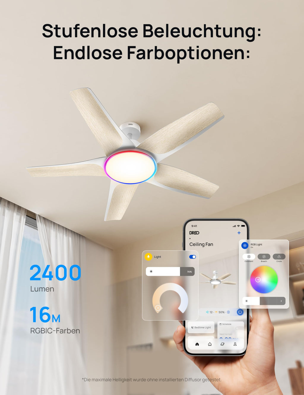 Deckenventilator mit LED Licht 132 cm dimmbar RGB Ambientlicht 54 W DC Motor App Alexa Steuerung