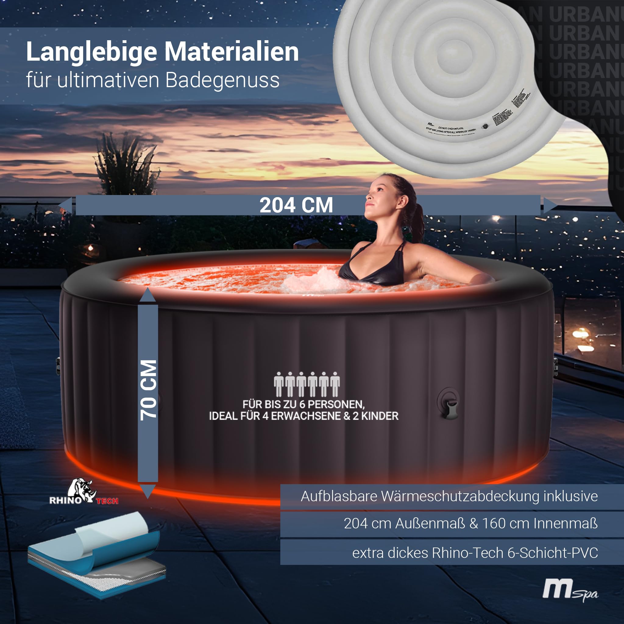 Aufblasbarer Whirlpool Aurora für 6 Personen Ø 204 x 70 cm 138 Massagedüsen RGB-LED-Beleuchtung