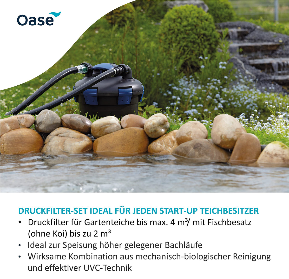 Druckfilter BioPress Set 4000 1500 l/h 25 W mit UVC Klärer 4,5 m Schlauch für Gartenteiche