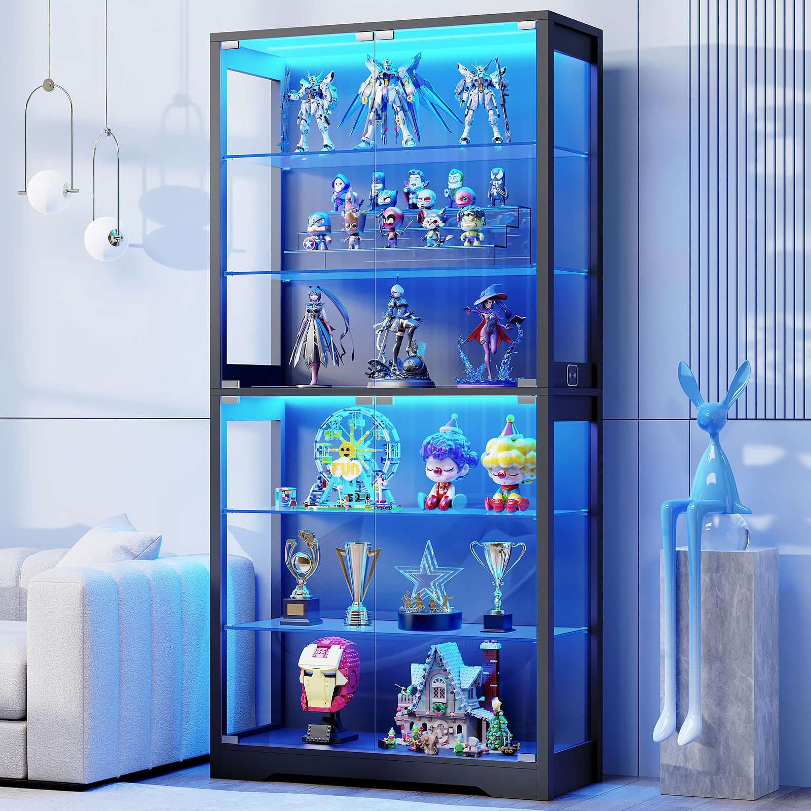 Vitrine mit Glastür BD019B 180 cm 6 Ebenen Beleuchtung verstellbare Glasböden für Sammlerstücke