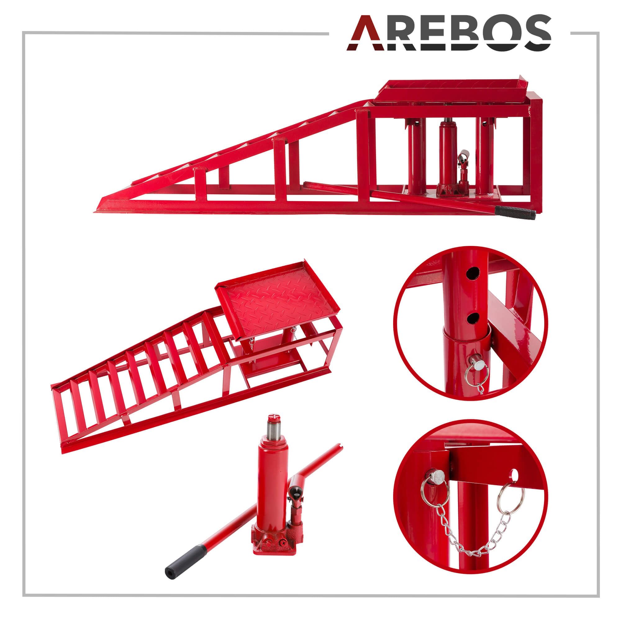 Auffahrrampen mit hydraulischem Wagenheber 2 t höhenverstellbar 290–375 mm Reifenbreite bis 257 mm Stahlkonstruktion
