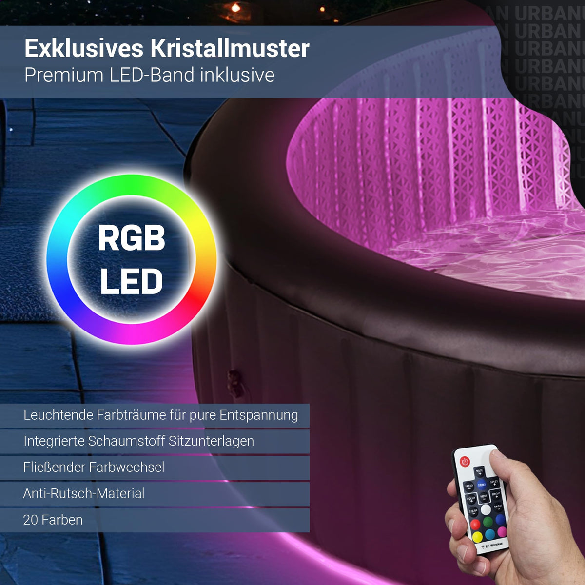 Aufblasbarer Whirlpool Aurora für 6 Personen Ø 204 x 70 cm 138 Massagedüsen RGB-LED-Beleuchtung