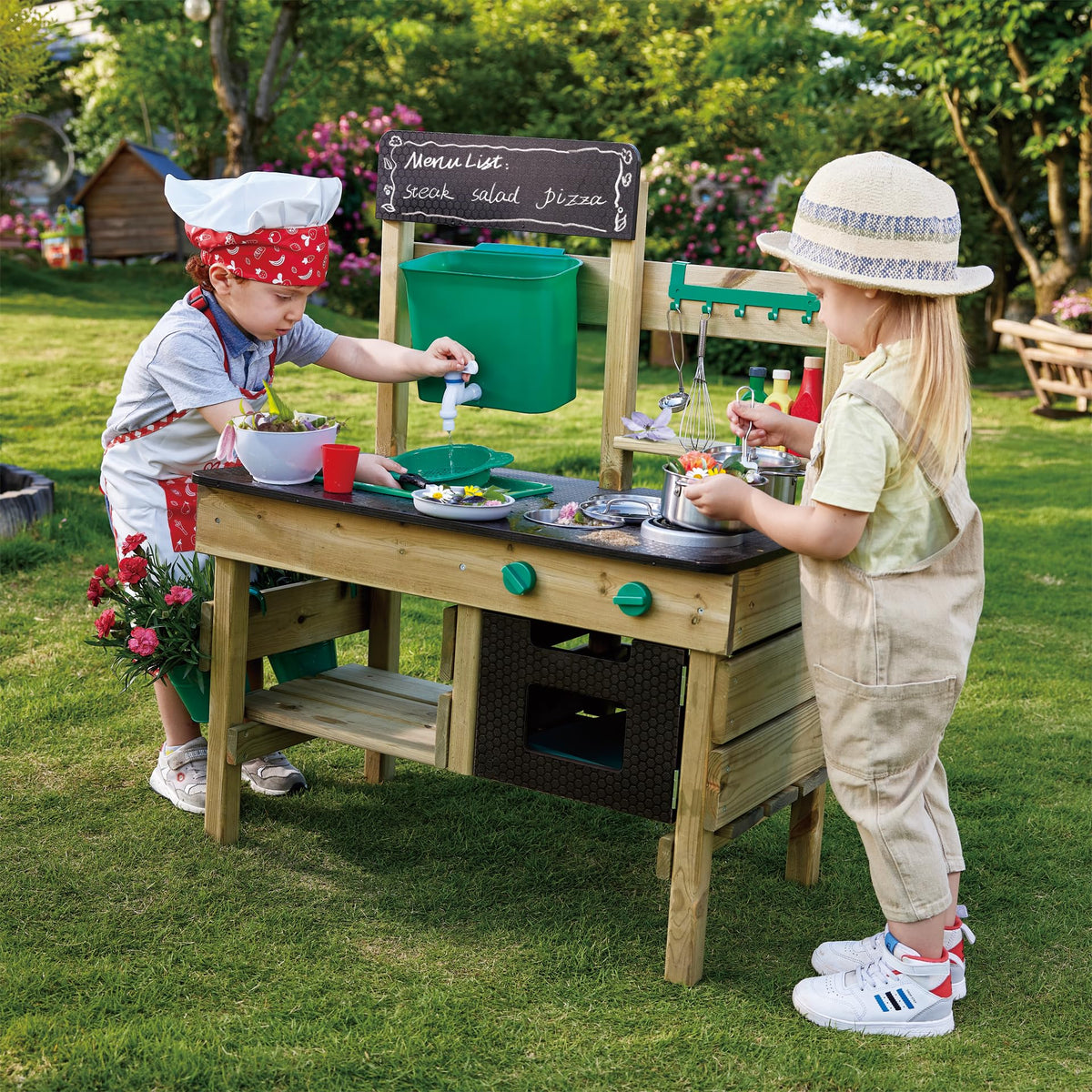 Outdoor Spielküche E3193 aus Kiefernholz für Kinder ab 3 Jahren mit Herd Backofen Spüle Wassertank und Küchenzubehör