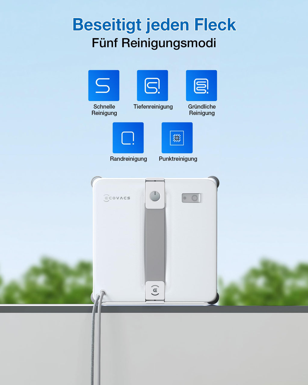 Fensterputzroboter WINBOT Mini 2 215 mm breit 55 mm dünn 4-Ecken-Bürsten 10 μm Ultraschallnebel 6 Reinigungsmodi App-Steuerung