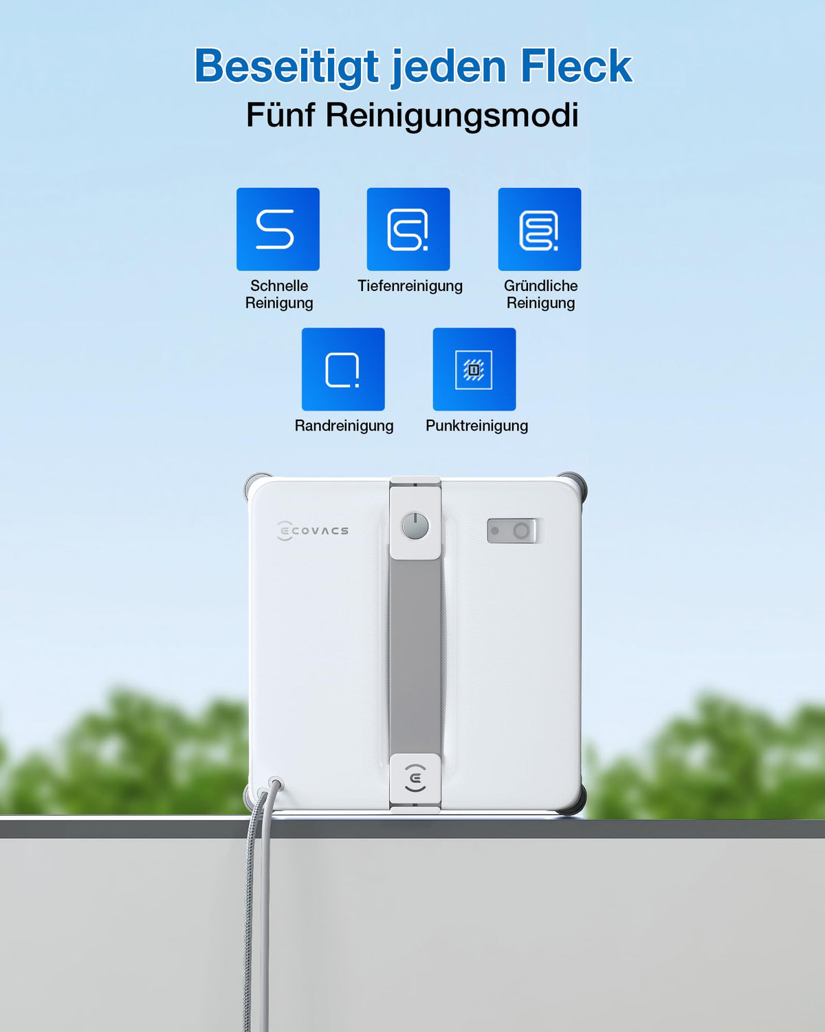 Fensterputzroboter WINBOT Mini 2 215 mm breit 55 mm dünn 4-Ecken-Bürsten 10 μm Ultraschallnebel 6 Reinigungsmodi App-Steuerung