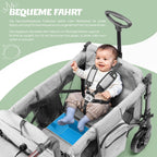 Faltbarer Bollerwagen RO-02 für 2 Kinder mit Dach 5-Punkt-Gurt PU-Rädern Snacktablett und Aluminiumrahmen Grau