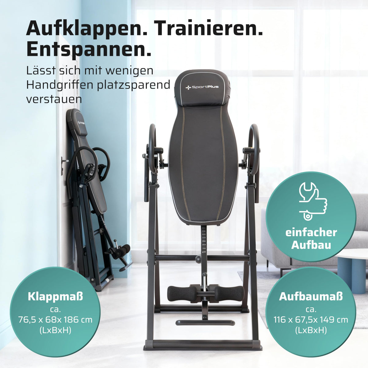 Klappbare Inversionsbank SP-INV-1100-B mit 4 Inversionswinkeln bis 90° und 135 kg Belastbarkeit Schwarz