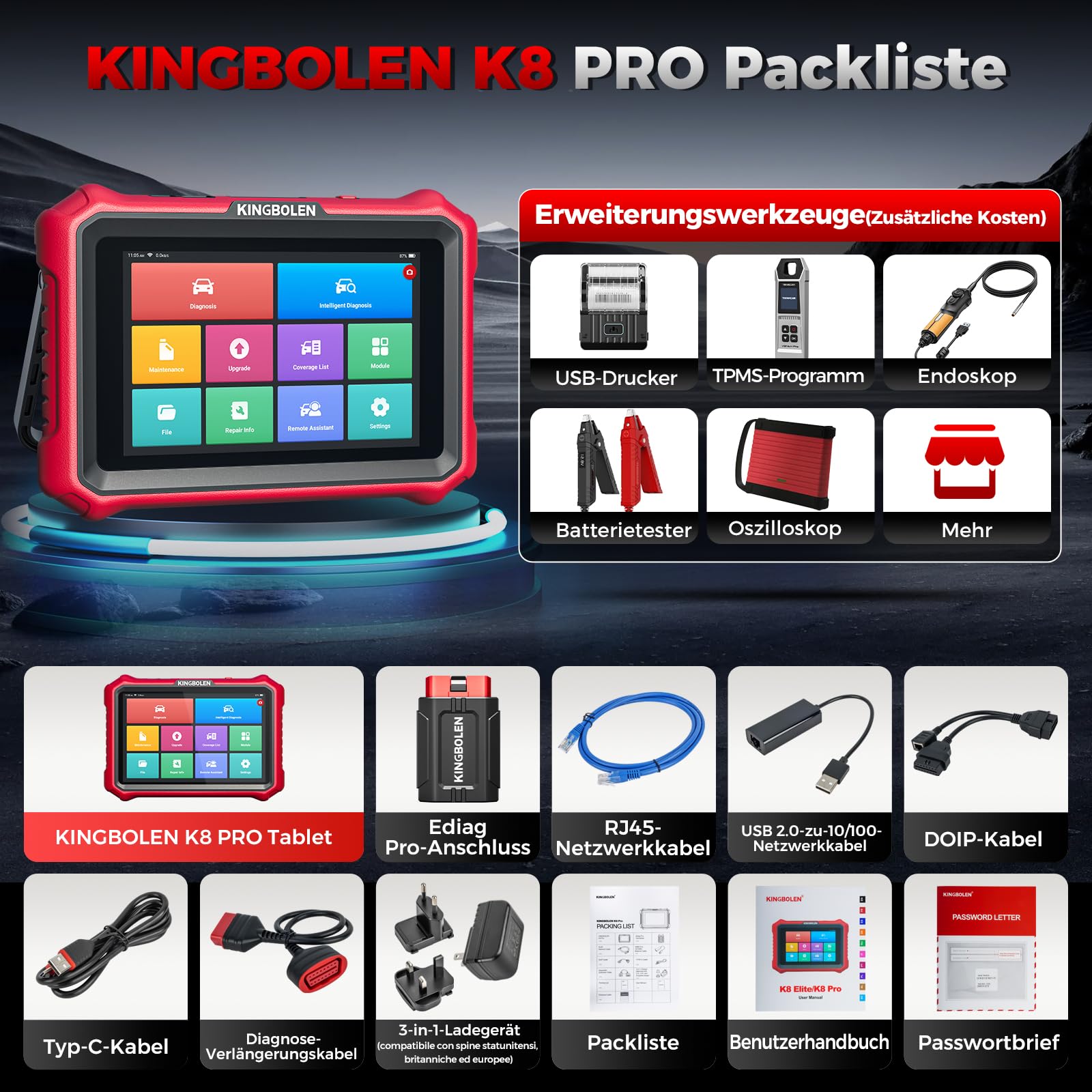 OBD2 Diagnosegerät K8 PRO Bluetooth 8 Zoll Vollsystemdiagnose bidirektionale Steuerung ECU Codierung CAN FD DOIP