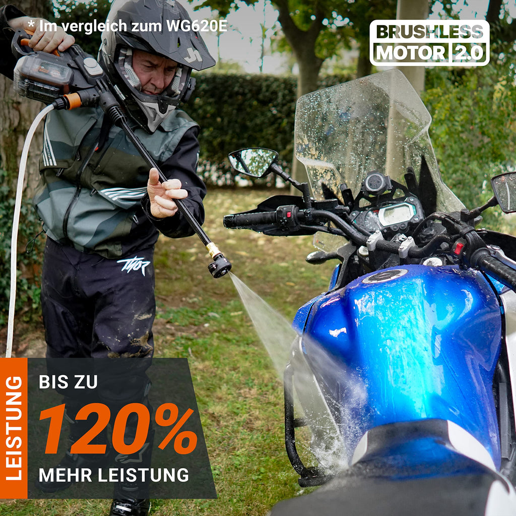 Hydroshot Akku-Hochdruckreiniger WG633E.1 20V 56 Bar 220 l/h 6 m Schlauch 5-in-1-Düse mit 4,0 Ah Akku Ladegerät