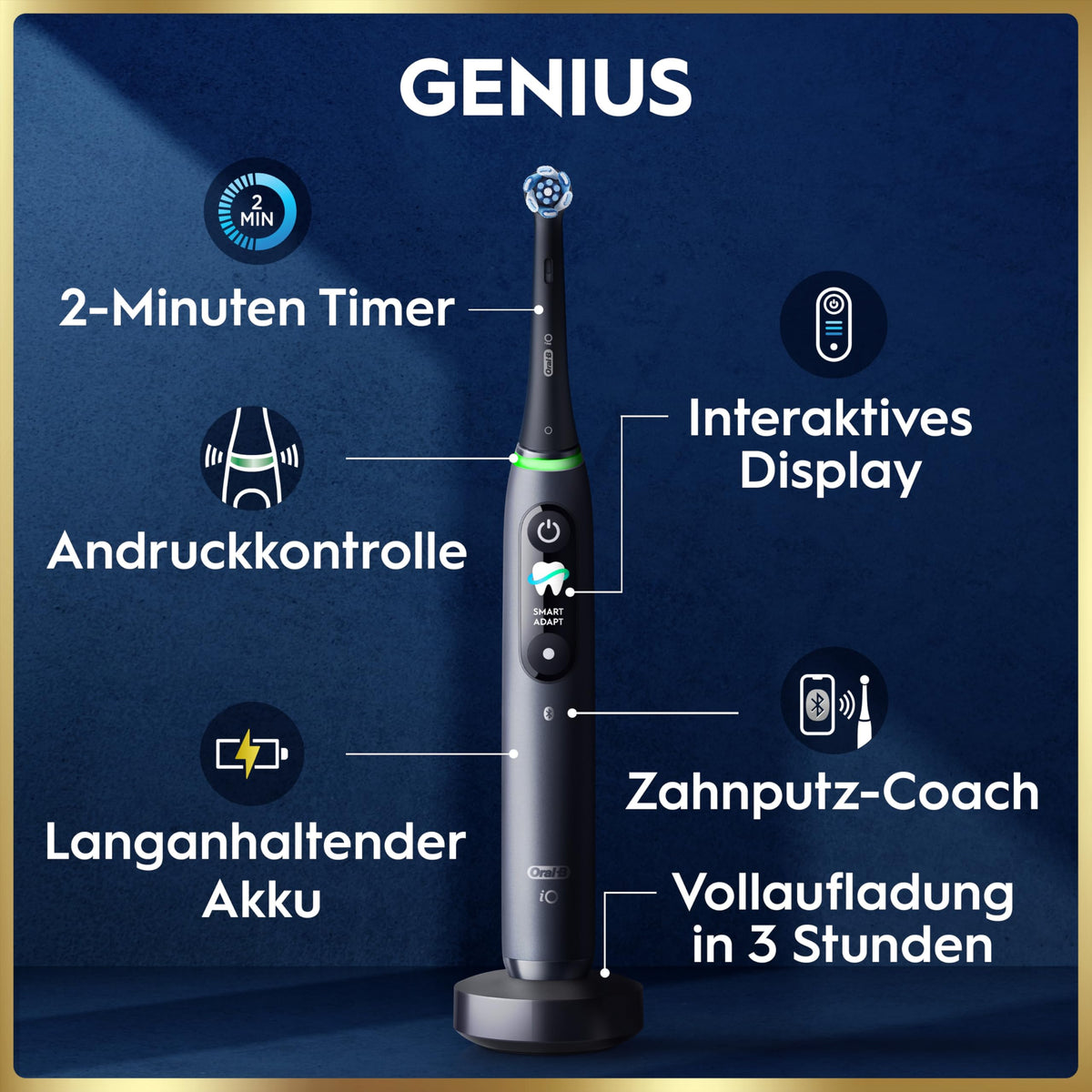 Elektrische Zahnbürste iO Series 9 7 Putzmodi runder Bürstenkopf App Andruckkontrolle 3 Aufsteckbürsten Lade-Reise-Etui