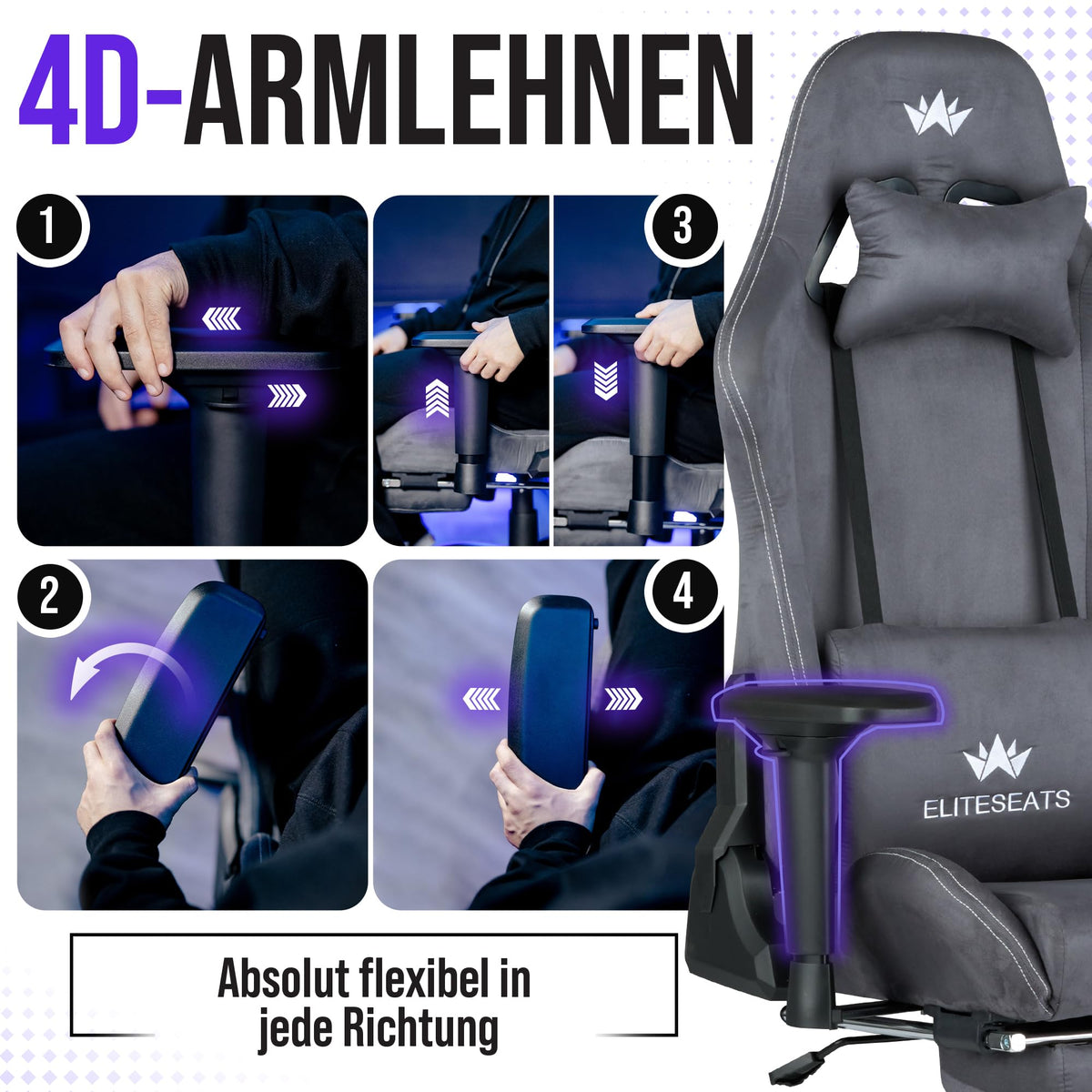 Gaming Stuhl ergonomisch mit Fußstütze 150 kg 4D Armlehnen Memory Foam Silent Wheels Anthrazit