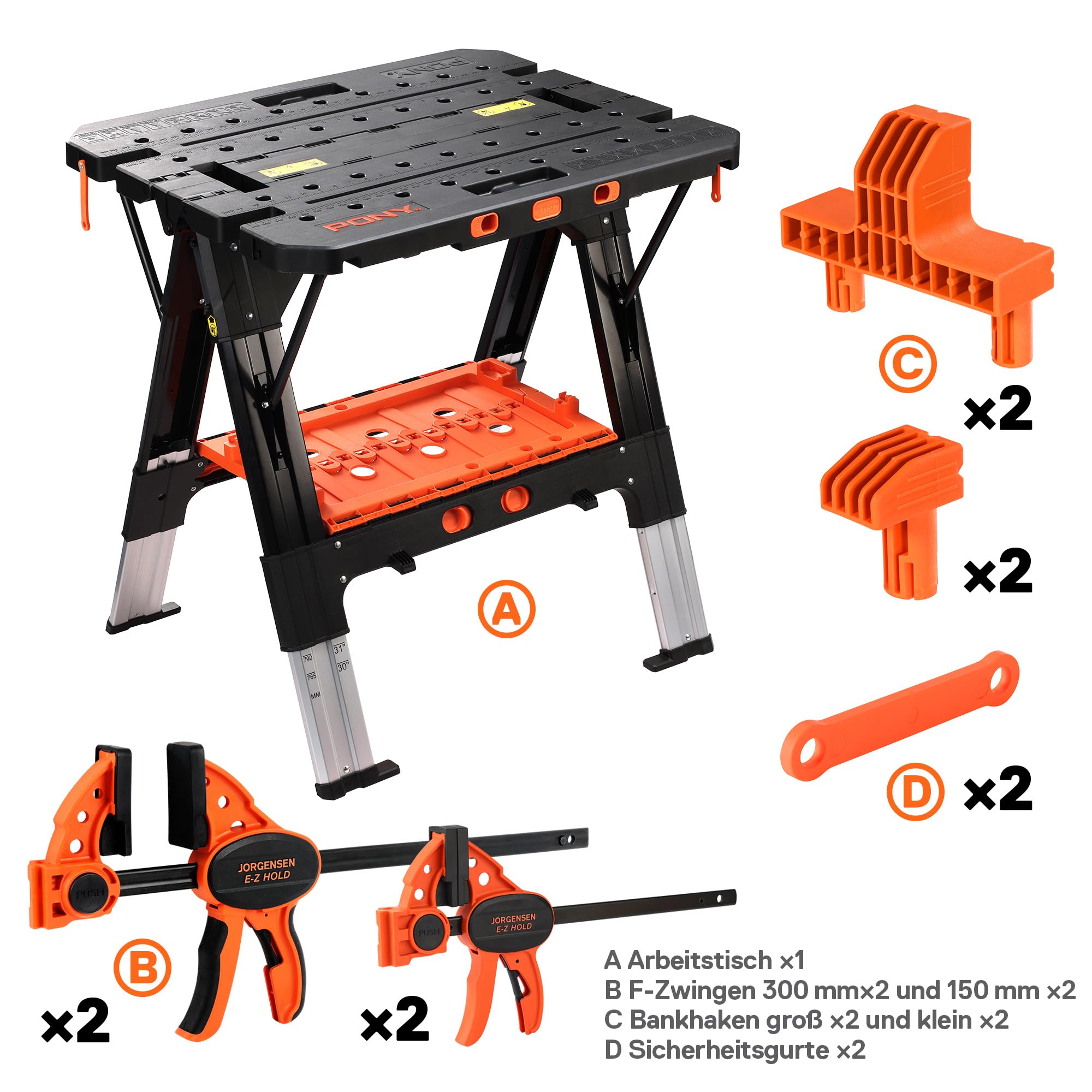 2-in-1 Werkbank Klappbar Sägebock 454 kg Arbeitsbock Aluminiumbeine 4 Schraubzwingen 79 x 63,5 cm