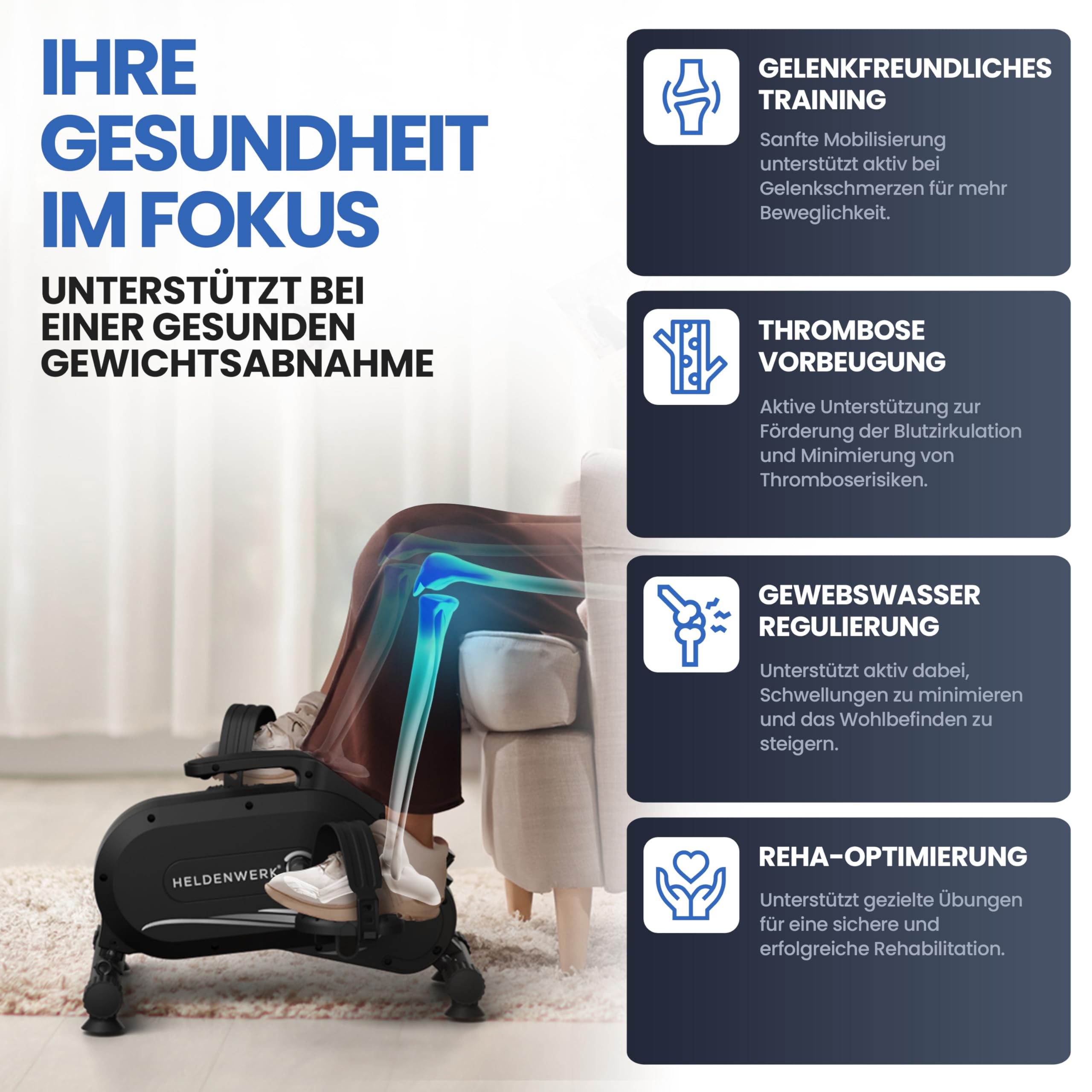 Pedaltrainer Pro Arm- und Beintrainer 8 Widerstandsstufen mit Befestigungsband und Anti-Rutsch-Matte 48 × 30 × 40 cm