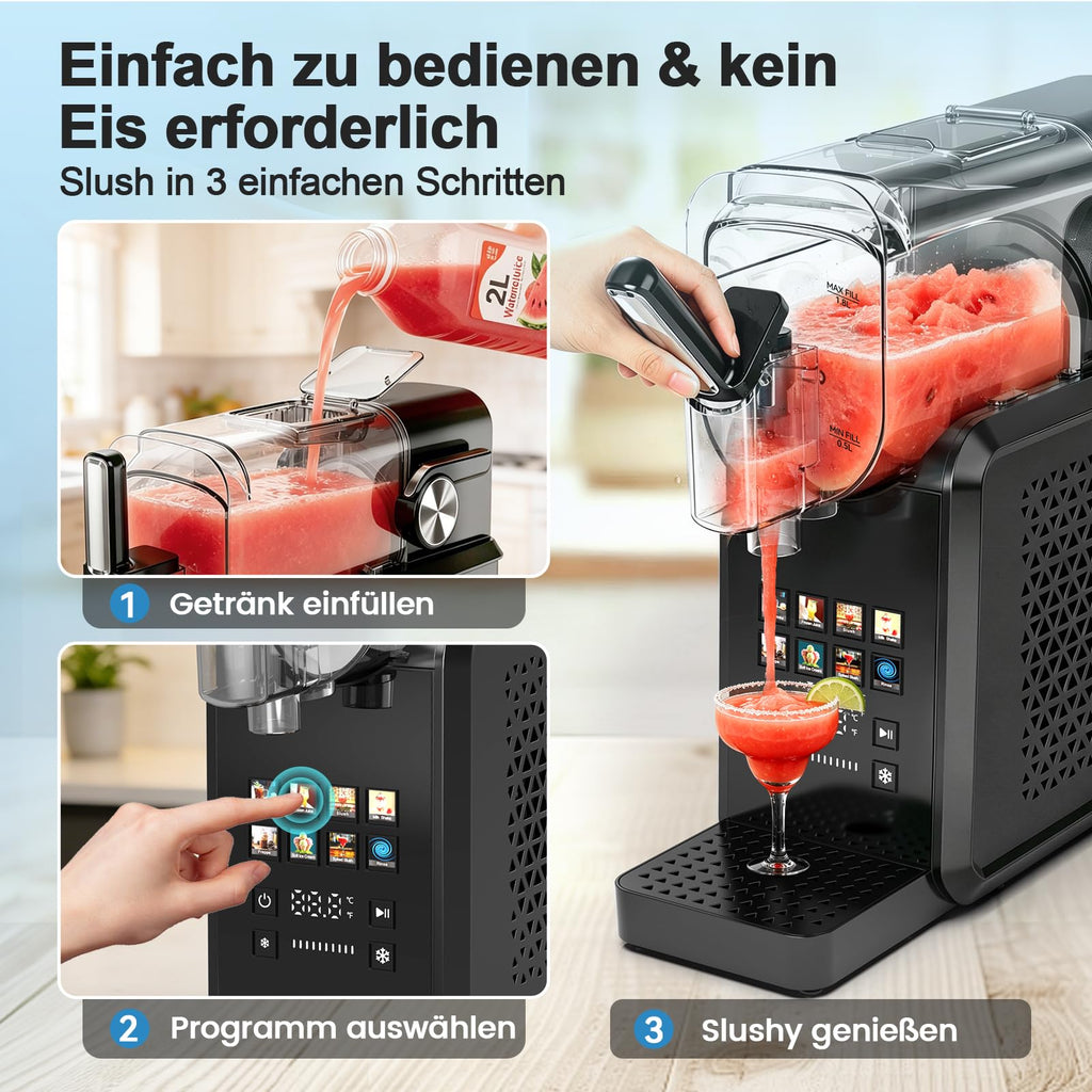 Slushmaschine 2,7 l mit 8 Programmen One-Touch Start Selbstreinigung für Slush Frappé Milchshake und gefrorene Getränke