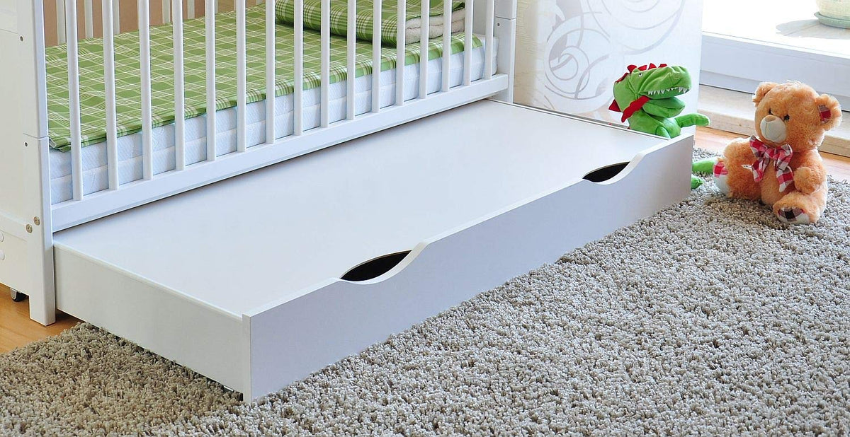 Baby Gitterbett mit Schublade 3-fach höhenverstellbar 6 cm Aloe Vera Matratze Zahnschienen umbaubar zum Juniorbett 120 x 60 cm Weiß
