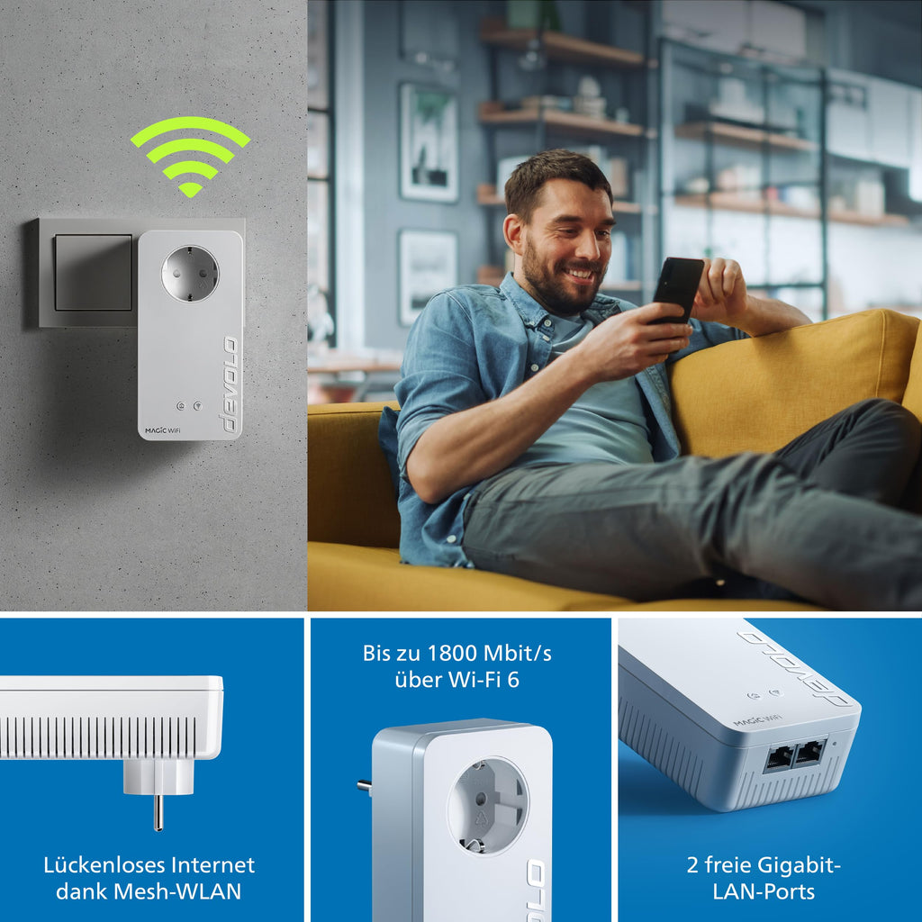 Magic 2 WiFi 6 Netzwerkadapter Set für WLAN über Stromleitung bis 2400 Mbit/s Mesh WLAN 2x Gigabit LAN